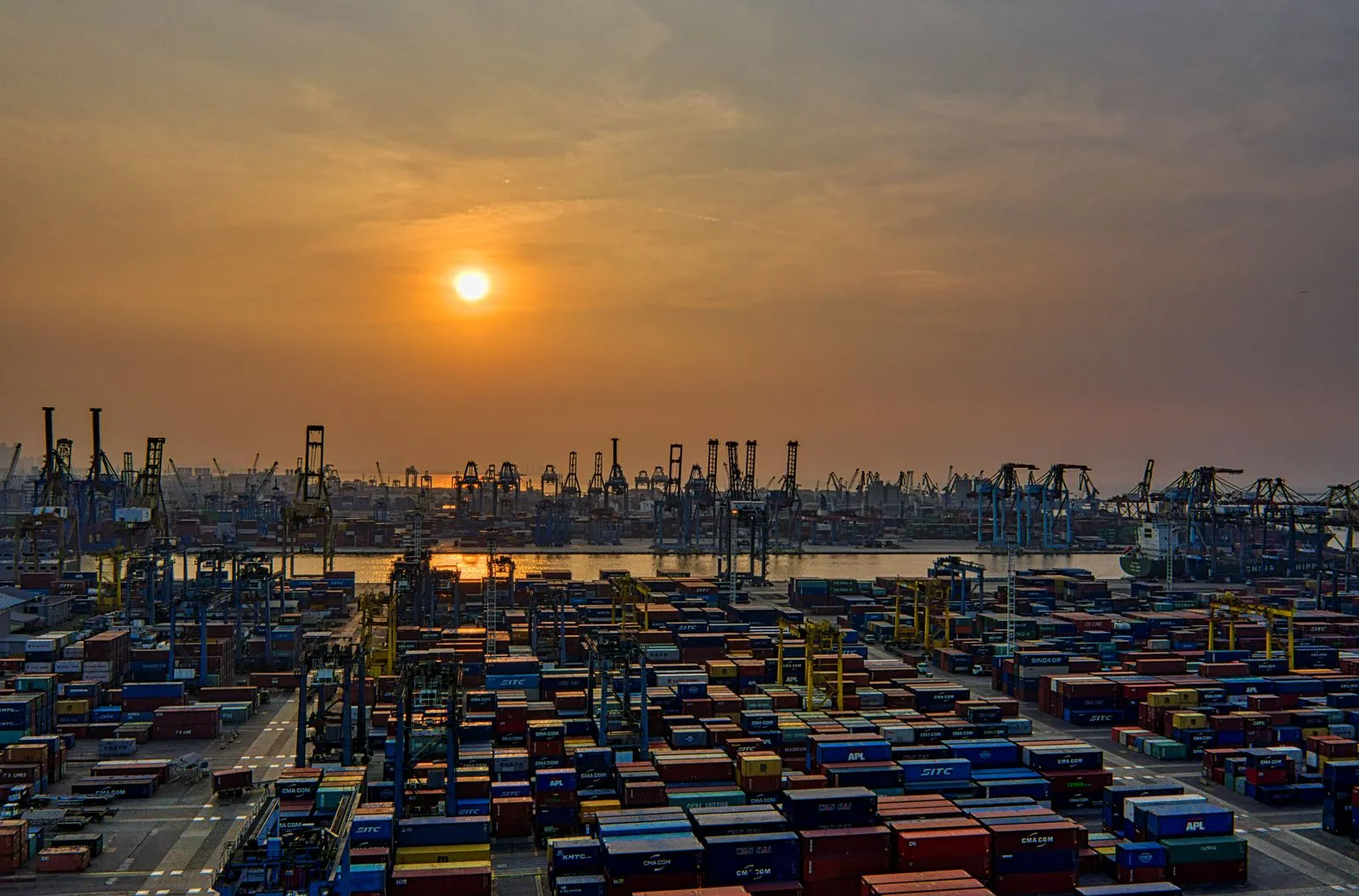 Container port at sunset