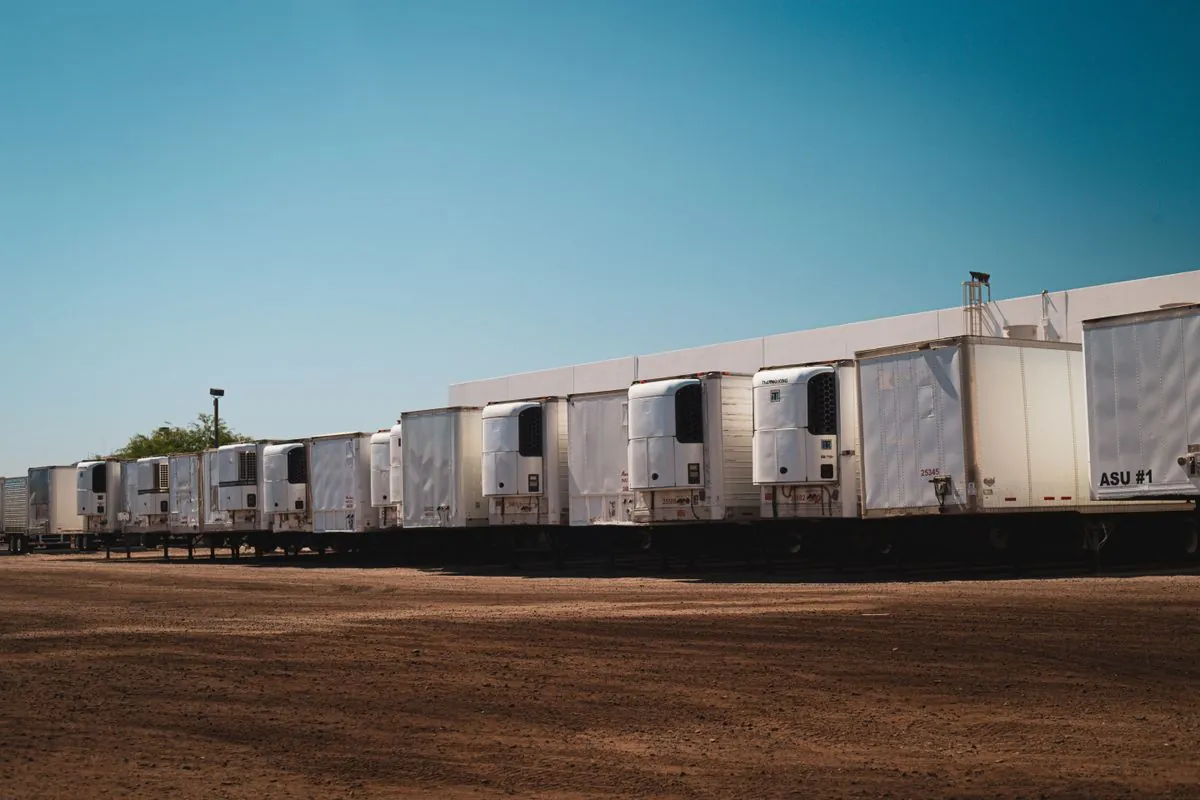 Refrigerated trucks parked in a lot